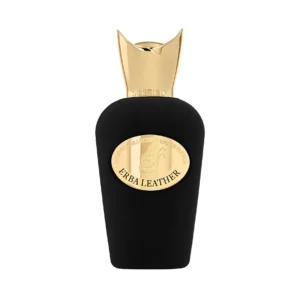 Sospiro Erba Leather perfume bottle, black velvet with gold details – luxury leather fragrance at Niche Story.