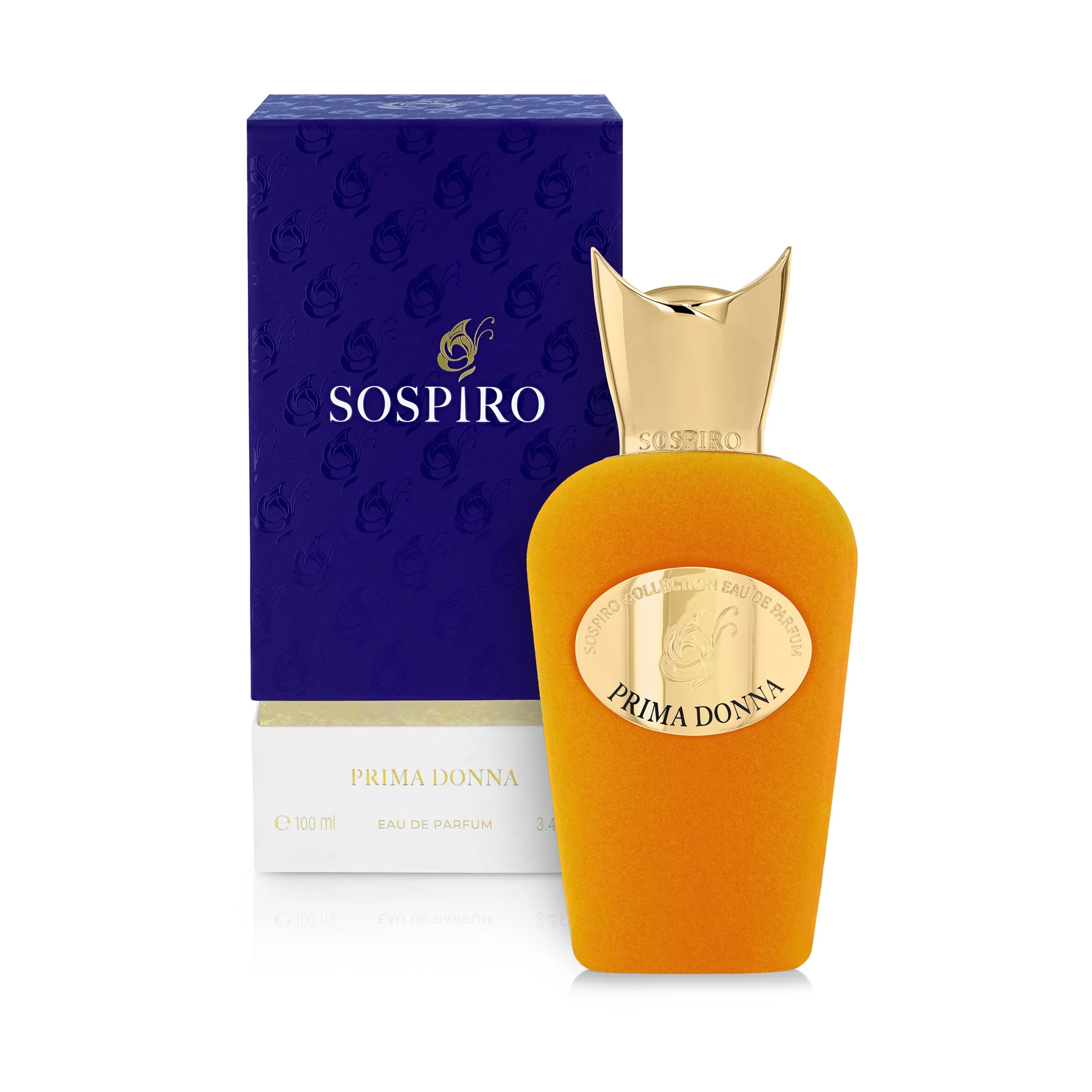 Sospiro Prima Donna Eau de Parfum in luxurious gold-orange velvet bottle with elegant purple packaging, available at Niche Story.