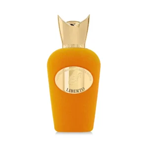 Elegant gold-orange velvet Sospiro Liberto perfume bottle with refined gold detailing, presented by Niche Story.