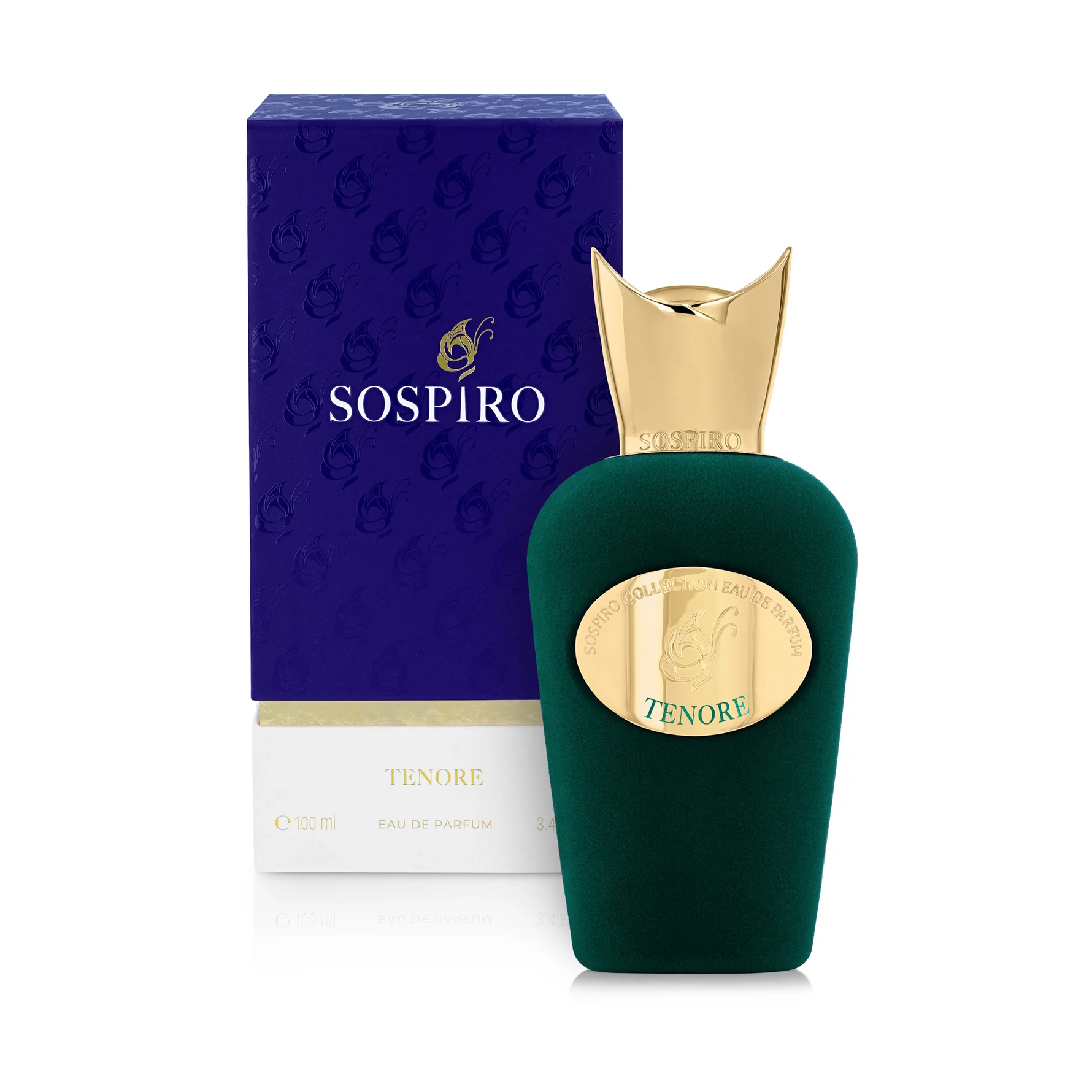 Sospiro Tenore perfume bottle in luxurious deep-green velvet with gold accents and premium purple packaging, available at Niche Story.